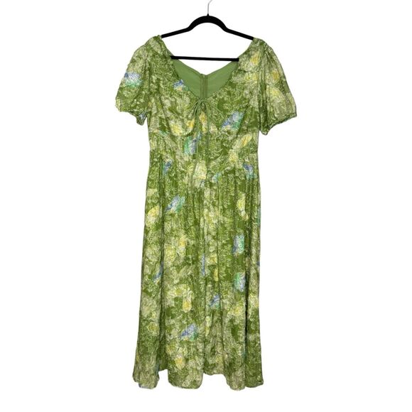 Yasong Women’s XXL Eyelash Textured Midi Dress Green Floral Butterfly NEW - Picture 1 of 6